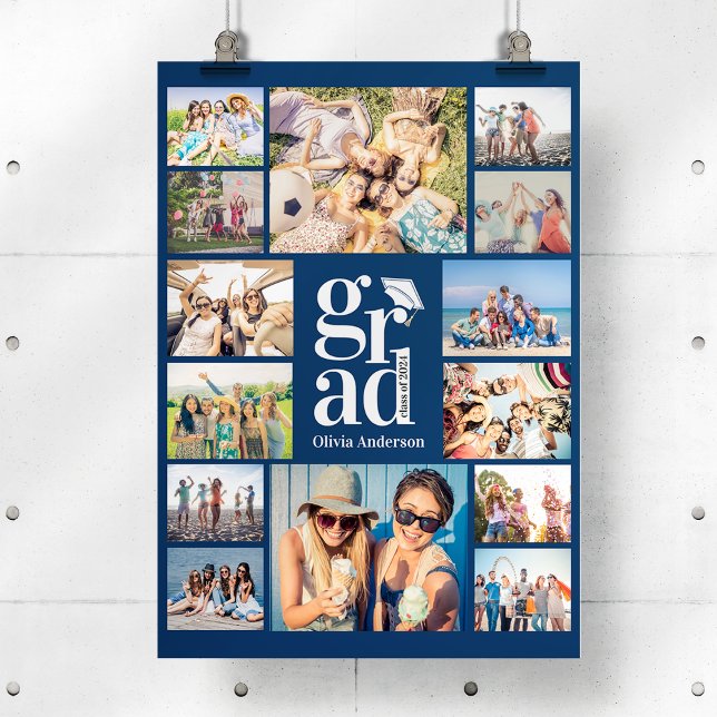 Grad Blue Multiple Photo Collage Memories Poster (Creator Uploaded)