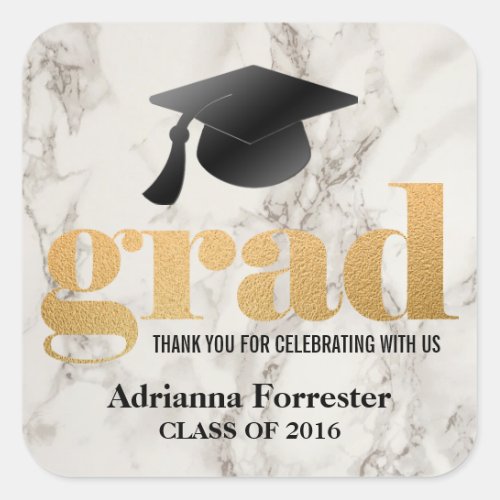 Grad Bold Typography Faux Gold Foil Marble Pattern Square Sticker