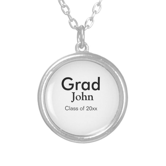 grad boy add name congrats date year text silver plated necklace (Front)