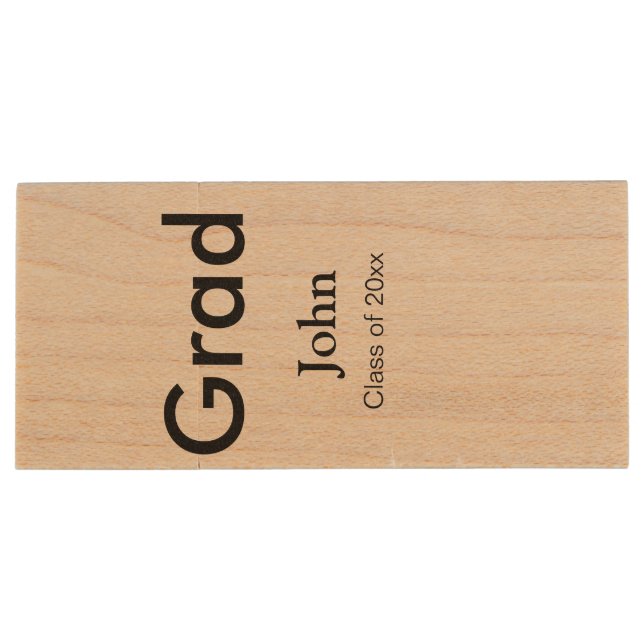 grad boy add name congrats date year text wood flash drive (Back)