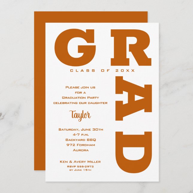 GRAD Burnt Orange Graduation Invitation (Front/Back)