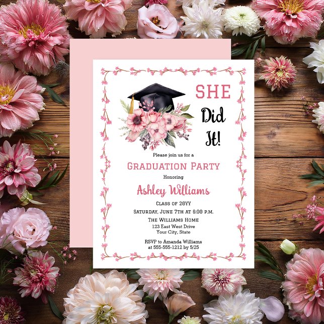 Grad Cap and Pink Floral She Did It Grad Party  Invitation (Grad Cap and Pink Floral Swag Bouquet "SHE Did It!" Graduation Party Invitation - Print | Digital)