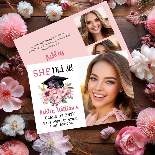 Grad Cap and Pink Florals 3 Photo She Did It  Announcement (Grad Cap and Pink Floral Swag Bouquet 3 Photo Collage "SHE Did It!" Graduation Announcement)