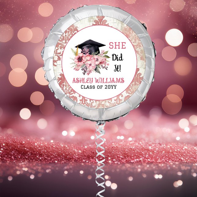 Grad Cap and Pink Florals She Did It  Balloon (Grad Cap and Pink Florals "SHE Did It!" Large Helium Balloon)