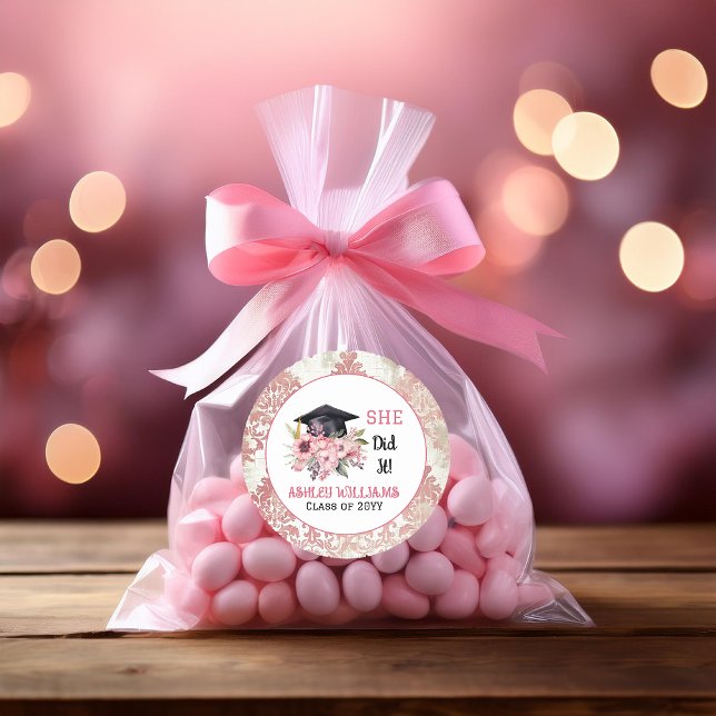 Grad Cap and Pink Florals She Did It  Classic Round Sticker ("SHE Did It!" Grad Cap and Pink Floral Swag Bouquet Graduate Graduation Classic Round Sticker)