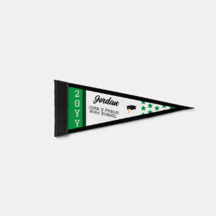 Grad Cap and Stars Class Graduation Green Pennant Flag