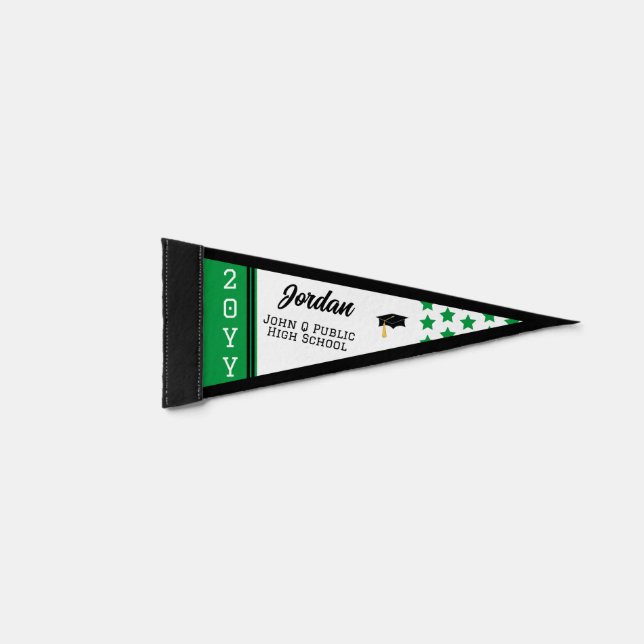 Grad Cap and Stars Class Graduation Green Pennant Flag (Front)
