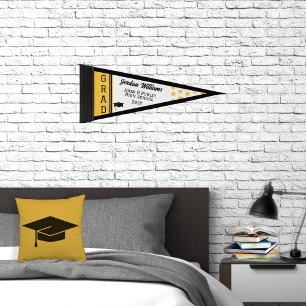 Grad Cap and Stars Class Graduation Yellow Pennant Flag