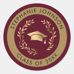 Grad Cap and Wreath Maroon Gold Class of 20XX Classic Round Sticker