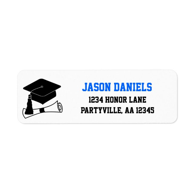 Grad Cap Black and Blue Graduation Address Label (Front)
