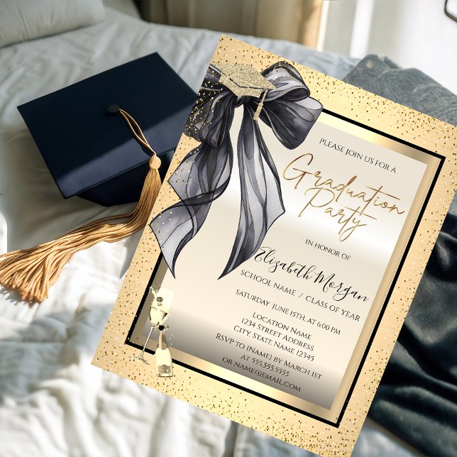 Grad Cap,Black Bow Glass,Confetti Your Photo Invitation (Creator Uploaded)