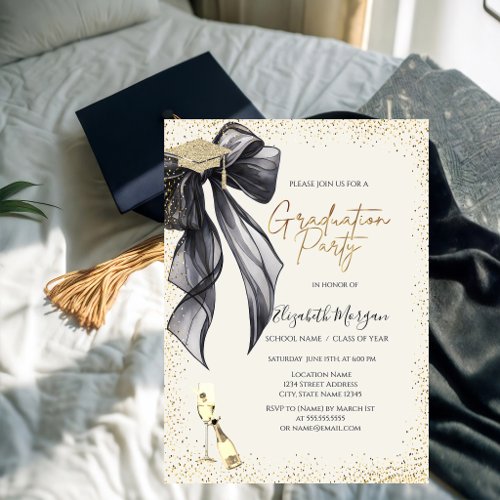 Grad Cap,Black Bow Wine Glass Photo Graduation Invitation