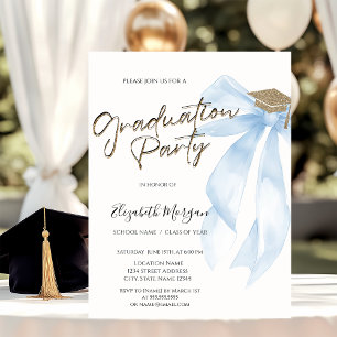 Grad Cap Blue Bow Your Photo Graduation  Invitation