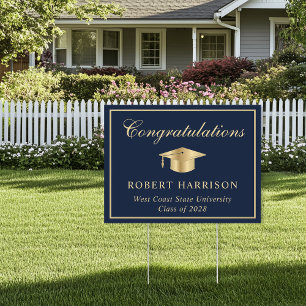 Grad Cap Blue Gold Graduation Congratulations Yard Sign