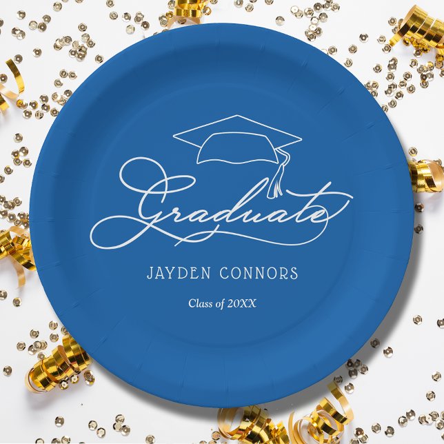 Grad Cap Blue Graduation Paper Plates (White script grad cap on blue personalized graduation party paper plates, napkins in our store)