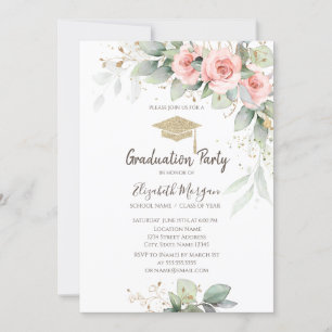 Grad Cap,Blush Flowers Graduation  Invitation