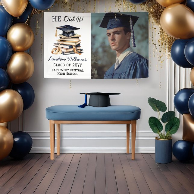 Grad Cap | Books Graduation Photo He Did It  Banner ("HE Did It!" Graduation Cap | Stack of Books with Graduate's Photo, Name, Class Year, School Banner)