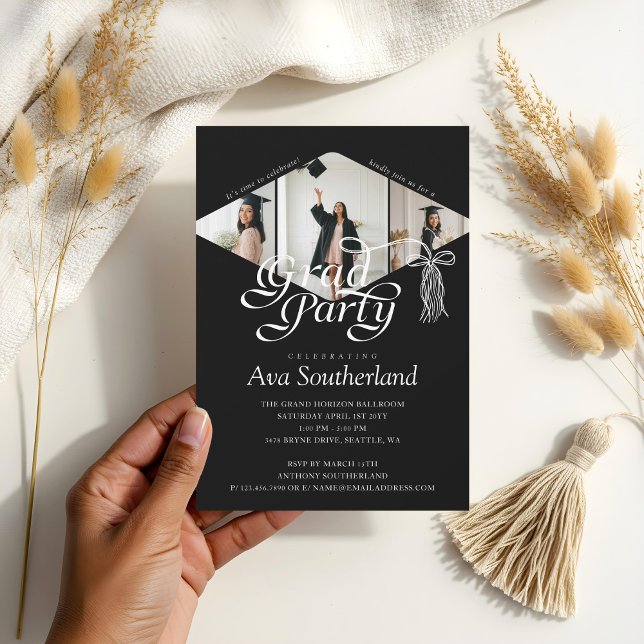 Grad Cap Bow Tassel Photo Collage Graduation Party Invitation (Grad Cap Bow Tassel Photo Collage Graduation Party Invitation)
