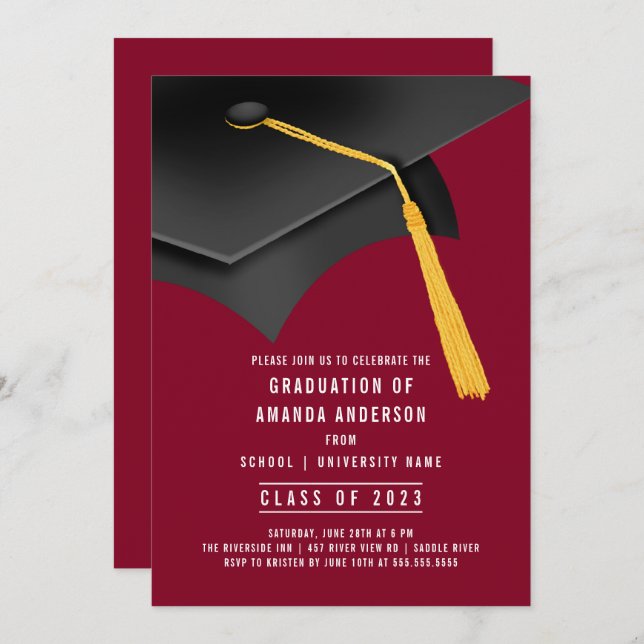 Grad Cap Burgundy Graduation Party Invitation (Front/Back)
