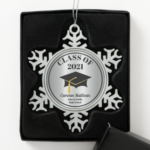 Grad Cap Class of 2021 Silver Name Graduation Snowflake Pewter Christmas Ornament