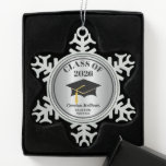 Grad Cap Class of 2026 Silver Name Graduation Snowflake Pewter Christmas Ornament<br><div class="desc">Black, gold tone and silver tone class year graduation cap name and school design. When customizing you can modify the color of the graduation cap parts and pieces including the cap itself, the edge and the tassel to whatever color desired. Don't want the silver background -- simply delete it. Change...</div>