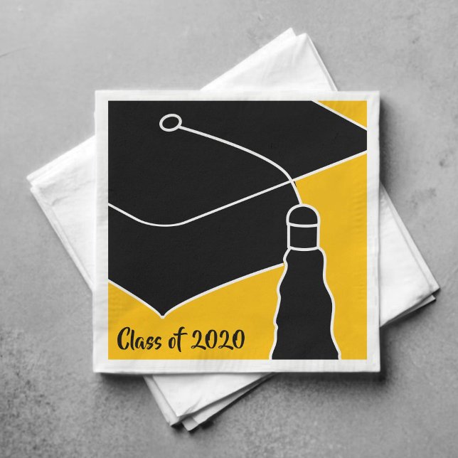 Grad Cap Class Year Black and Gold Napkins (Creator Uploaded)
