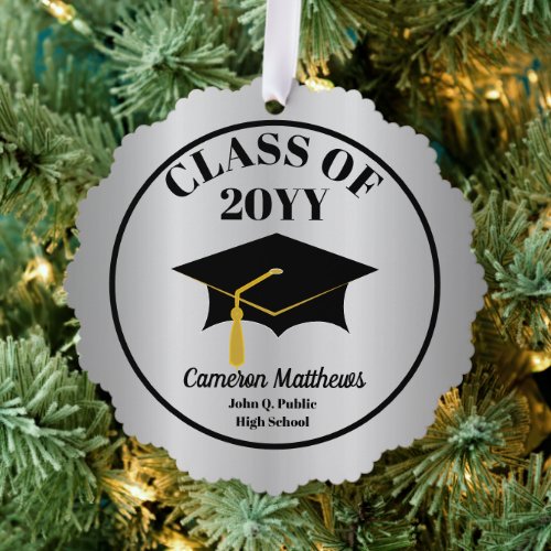 Grad Cap Class Year Silver Name Graduation Ornament Card