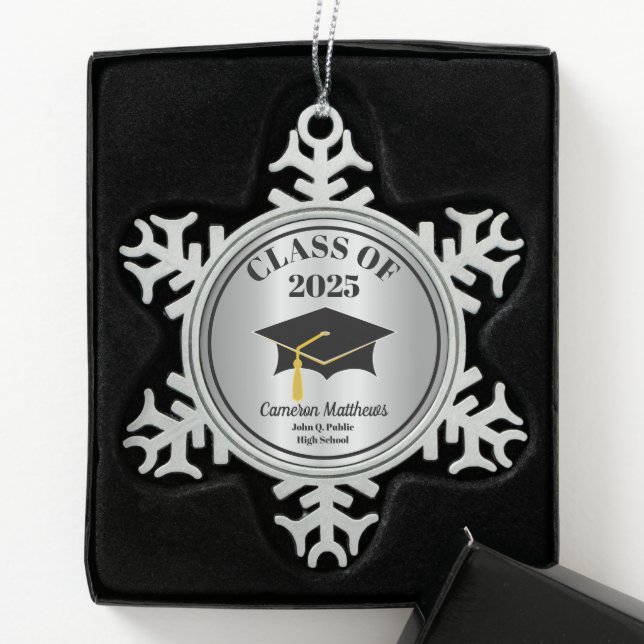 Grad Cap Class Year Silver Name Graduation Snowflake Pewter Christmas Ornament (Box)