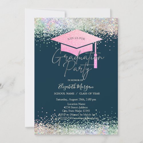  Grad CapColorful Confetti Navy Blue Graduation  Invitation