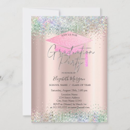  Grad CapColorful Confetti Rose Gold Graduation  Invitation