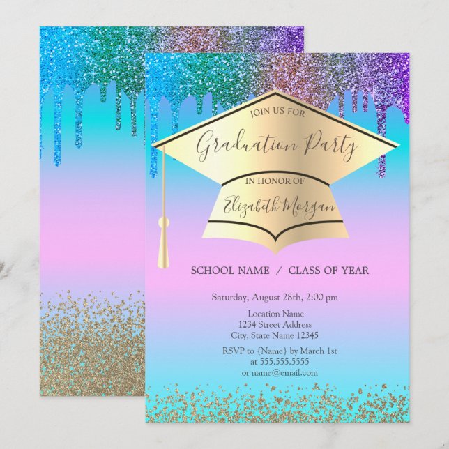 Grad Cap,Diamonds,Drips Holographic Graduation Invitation (Front/Back)