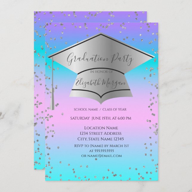 Grad Cap,Diamonds Frame Holographic Graduation Invitation (Front/Back)