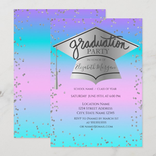 Grad Cap,Diamonds Ombre Holographic Graduation Invitation (Front/Back)