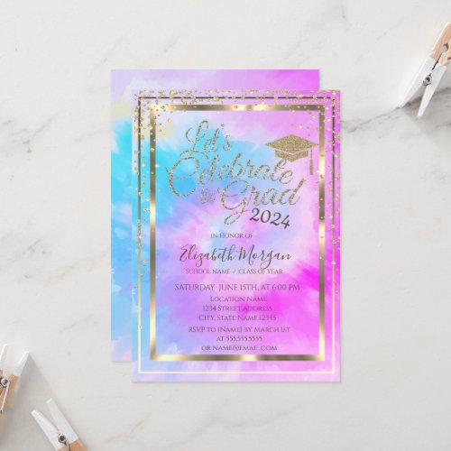 Grad Cap Diamonds Purple Tie Dye Graduation   Invitation