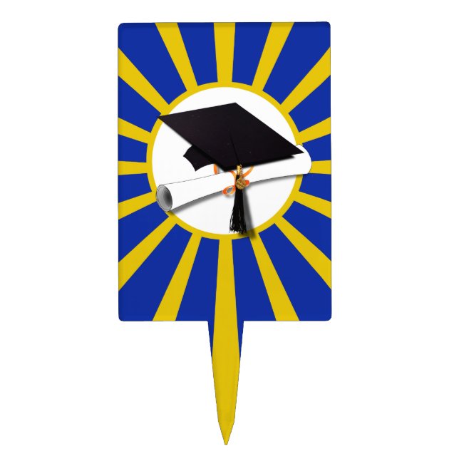 Grad Cap & Diploma Blue and Gold Cake Topper (Front)