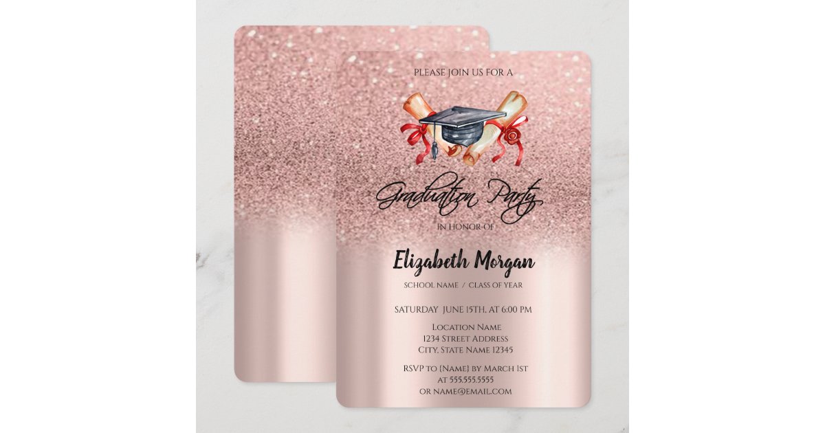 Grad Cap Diploma Rose Gold Glitter Graduation Invitation | Zazzle