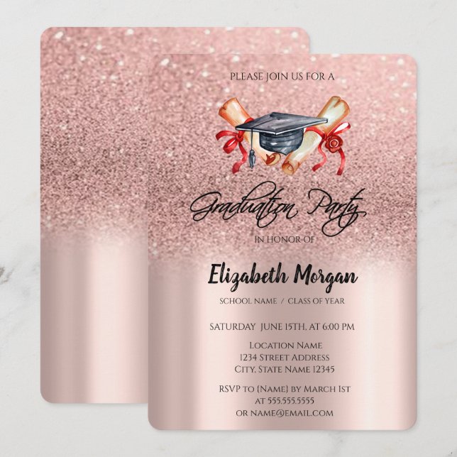 Grad Cap Diploma Rose Gold Glitter Graduation  Invitation (Front/Back)