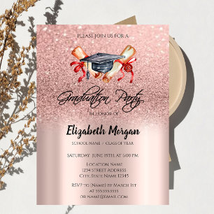 Grad Cap Diploma Rose Gold Glitter Graduation  Invitation