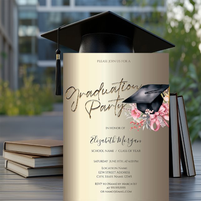 Grad Cap Flowers Bow Your Photo Gold Graduation Invitation (Creator Uploaded)