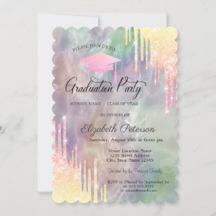 Grad Cap Glitter Drips,Holographic Graduation  Invitation