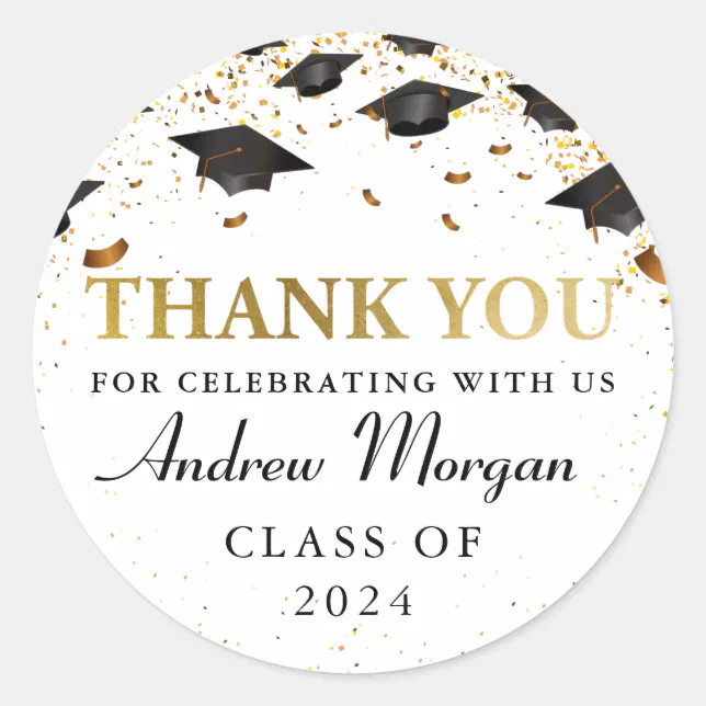 Grad Cap Gold Glitter Graduation Thank You Classic Round Sticker | Zazzle