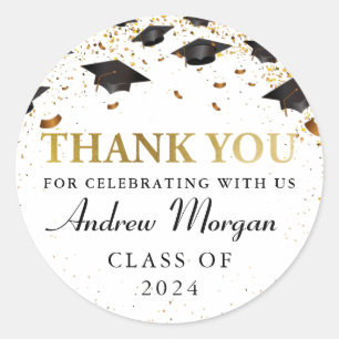Grad Cap Gold Glitter Graduation Thank You Classic Round Sticker