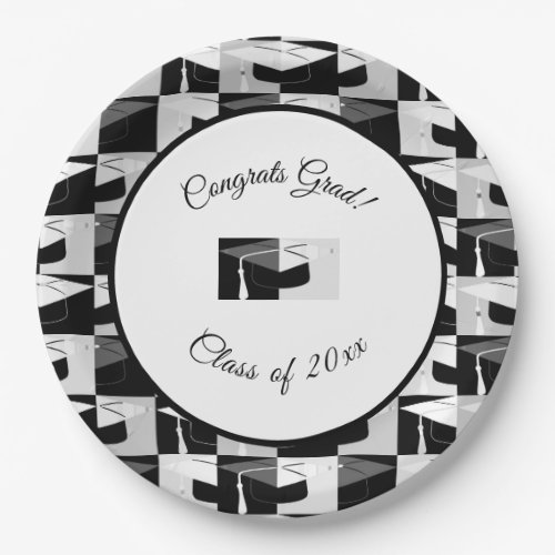 Grad Cap Graduation Black and White Modern Paper Plates