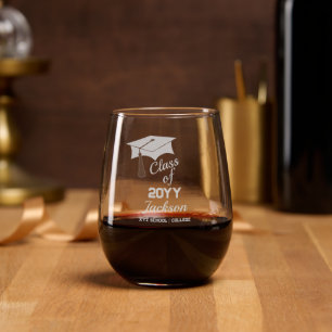 Grad Cap Graduation Class Year   Name   School Stemless Wine Glass