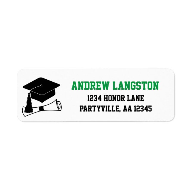 Grad Cap Green and Black Graduation Address Label (Front)