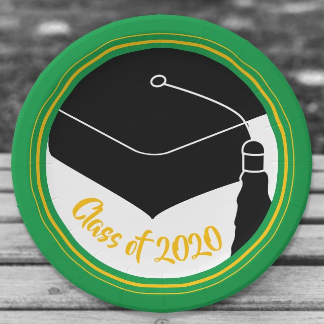 Grad Cap Green and Gold Class Year Paper Plates (Creator Uploaded)