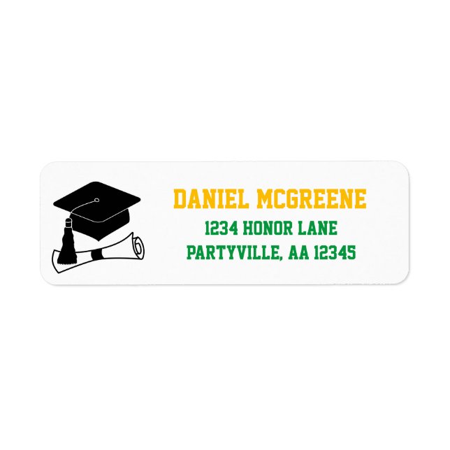 Grad Cap Green and Gold Graduation Address Label (Front)