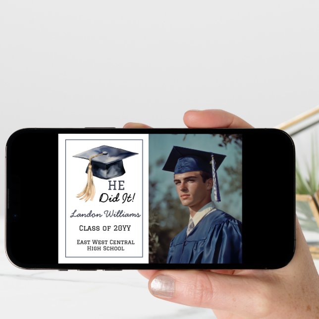 Grad Cap He Did It 3 Photo Graduation  Announcement (Front Digital)