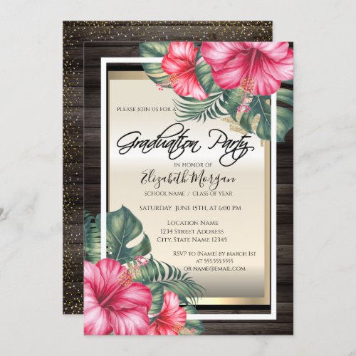 Grad CapHibiscus Wood Graduation  Invitation