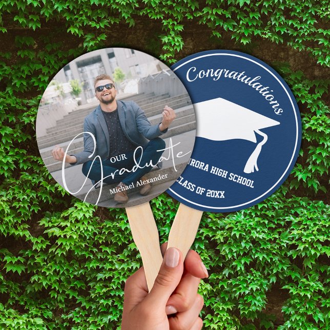 Grad Cap Modern Graduate Photo Blue Hand Fan (Keep cool on graduation day or at your party with these photo double-sided hand fans.)